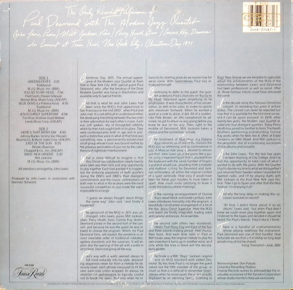 Paul Desmond With The Modern Jazz Quartet : The Only Recorded Performance Of Paul Desmond With The Modern Jazz Quartet (LP, Album)