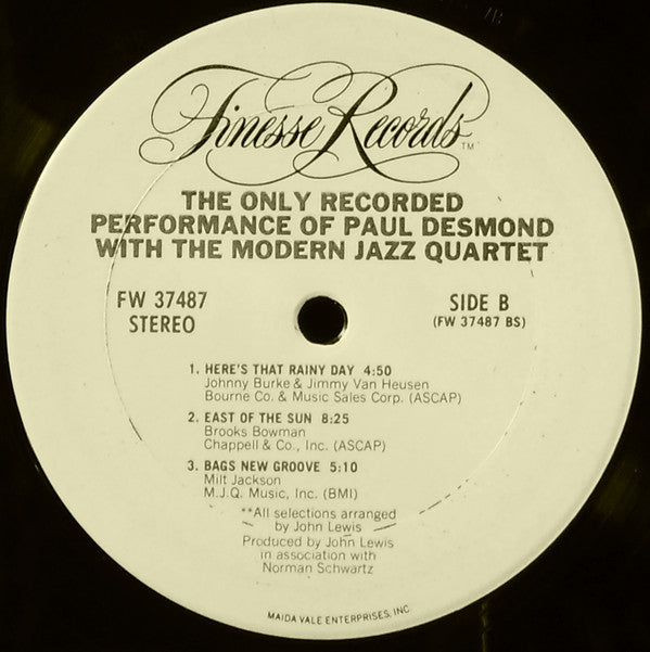 Paul Desmond With The Modern Jazz Quartet : The Only Recorded Performance Of Paul Desmond With The Modern Jazz Quartet (LP, Album)