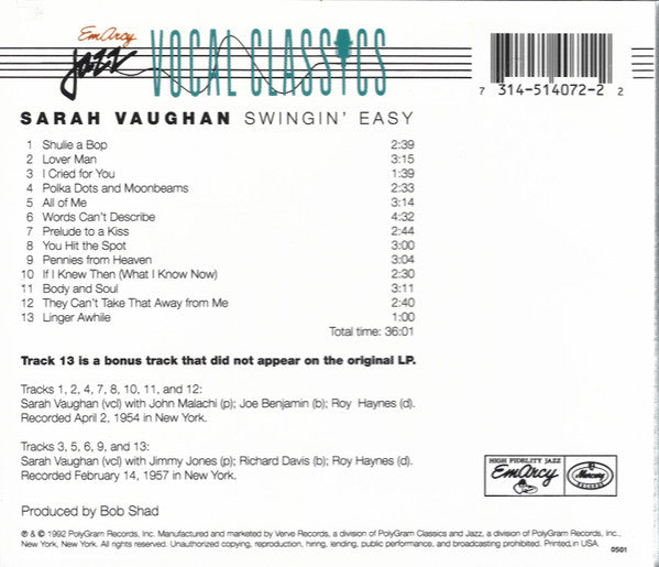 Sarah Vaughan And Her Trio : Swingin' Easy (CD, Album, RE, RM)