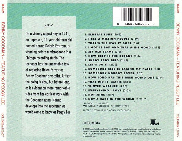Benny Goodman Featuring Peggy Lee : Benny Goodman Featuring Peggy Lee (CD, Comp, Mono, RM)