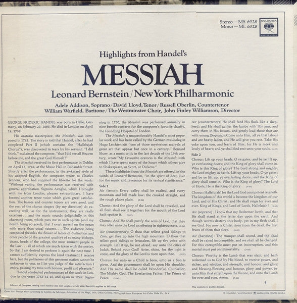 Leonard Bernstein, New York Philharmonic : Highlights From Handel's Messiah (LP, Album)