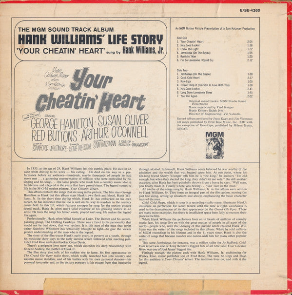 Hank Williams Jr. : Your Cheatin' Heart (Original Motion Picture Sound Track) (LP, Mono)