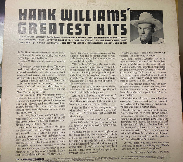 Hank Williams : Hank Williams' Greatest Hits (LP, Comp, Mono)
