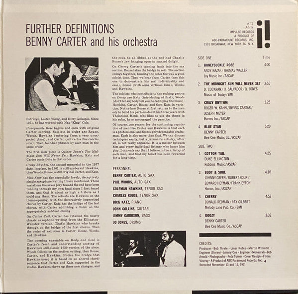 Benny Carter And His Orchestra : Further Definitions (LP, Album, RE, Pin)