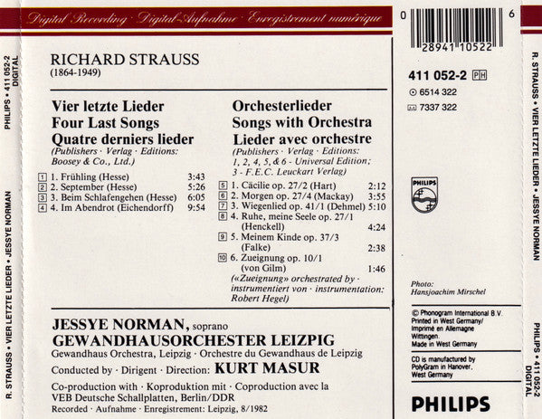 Richard Strauss, Jessye Norman, Gewandhausorchester Leipzig, Kurt Masur : Vier Letzte Lieder / 6 Orchesterlieder (CD, RE, 2nd)