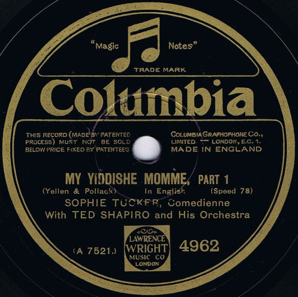 Sophie Tucker With Ted Shapiro And His Orchestra : My Yiddishe Momme (Shellac, 10")