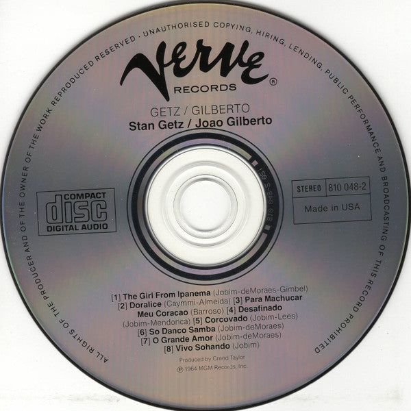 Stan Getz And João Gilberto Featuring Antonio Carlos Jobim : Getz / Gilberto (CD, Album, RE)