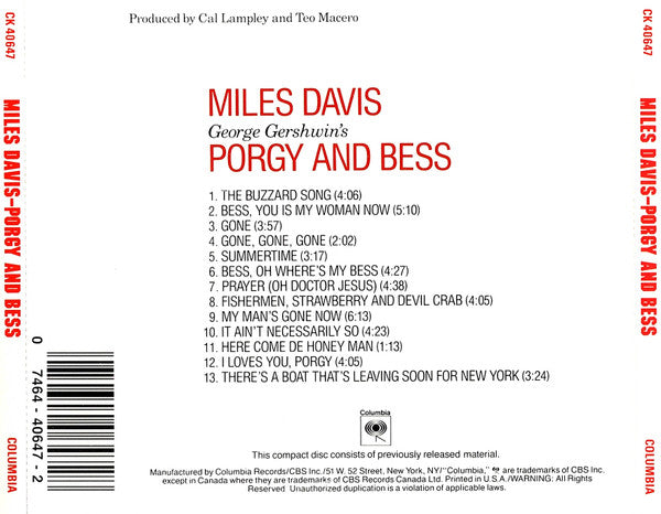Miles Davis : Porgy And Bess (CD, Album, RE, RM)