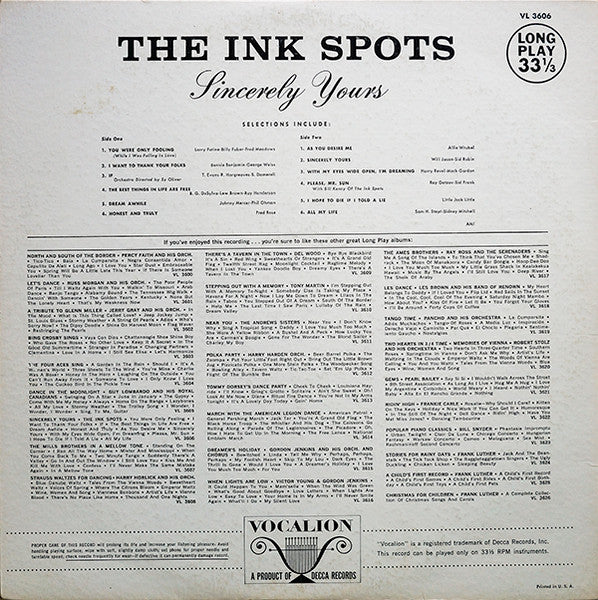 The Ink Spots : Sincerely Yours (LP, Album, Mono, Glo)