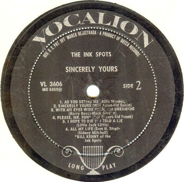 The Ink Spots : Sincerely Yours (LP, Album, Mono, Glo)