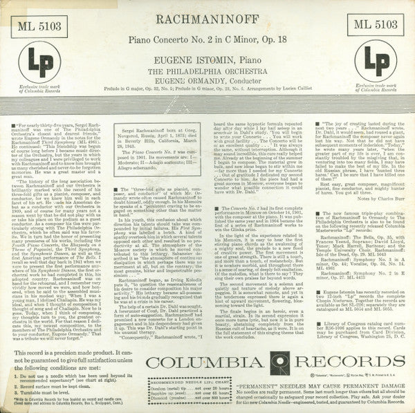Sergei Vasilyevich Rachmaninoff : Eugene Istomin, The Philadelphia Orchestra, Eugene Ormandy : Piano Concerto No. 2 In C Minor, Op. 18 (LP)