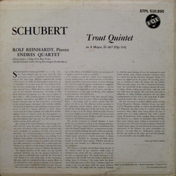 Franz Schubert : Rolf Reinhardt, Endres-Quartett : Trout Quintet In A Major, D. 677 (Op. 114) (LP, Album)
