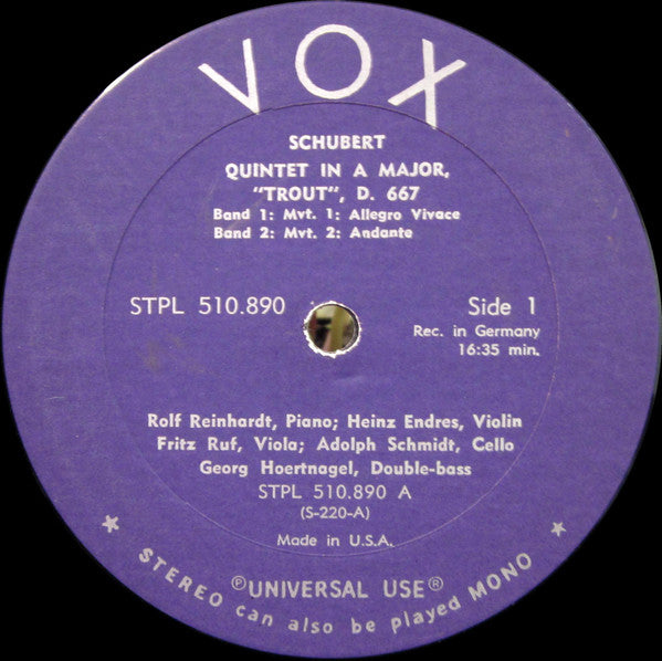 Franz Schubert : Rolf Reinhardt, Endres-Quartett : Trout Quintet In A Major, D. 677 (Op. 114) (LP, Album)