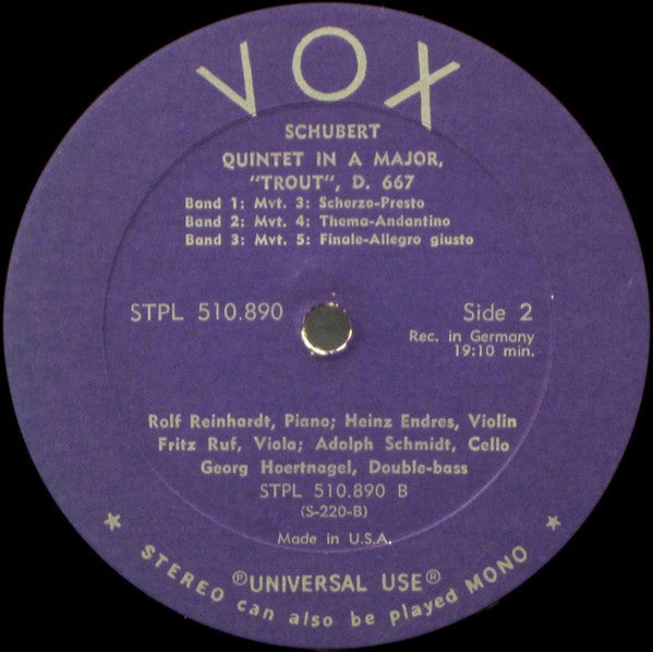 Franz Schubert : Rolf Reinhardt, Endres-Quartett : Trout Quintet In A Major, D. 677 (Op. 114) (LP, Album)