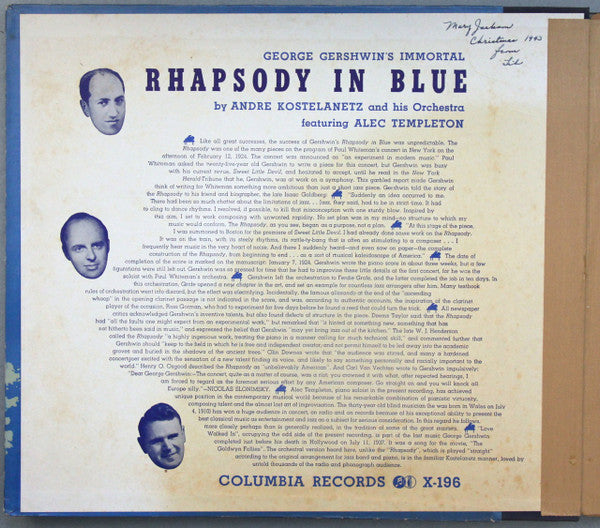 George Gershwin, André Kostelanetz And His Orchestra Featuring Alec Templeton : Rhapsody In Blue (2xShellac, 12", Album)