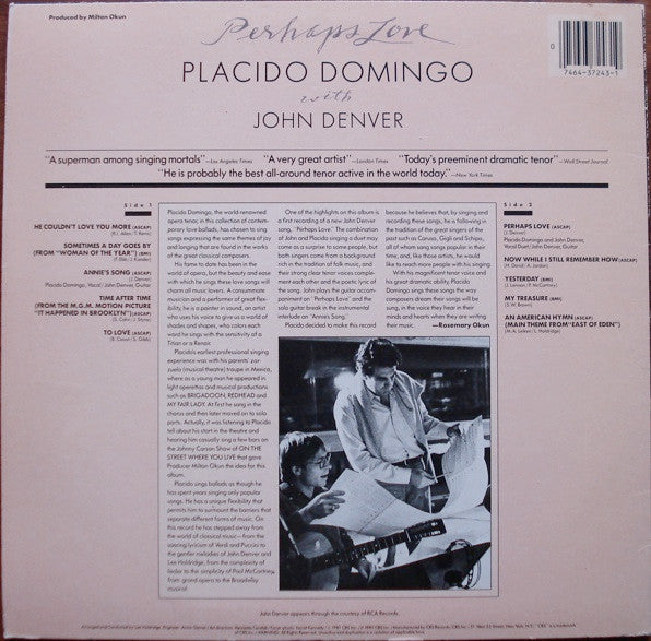 Placido Domingo With John Denver : Perhaps Love (LP, Album, Pit)