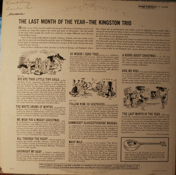 The Kingston Trio* : The Last Month Of The Year (LP, Album, Mono, Scr)