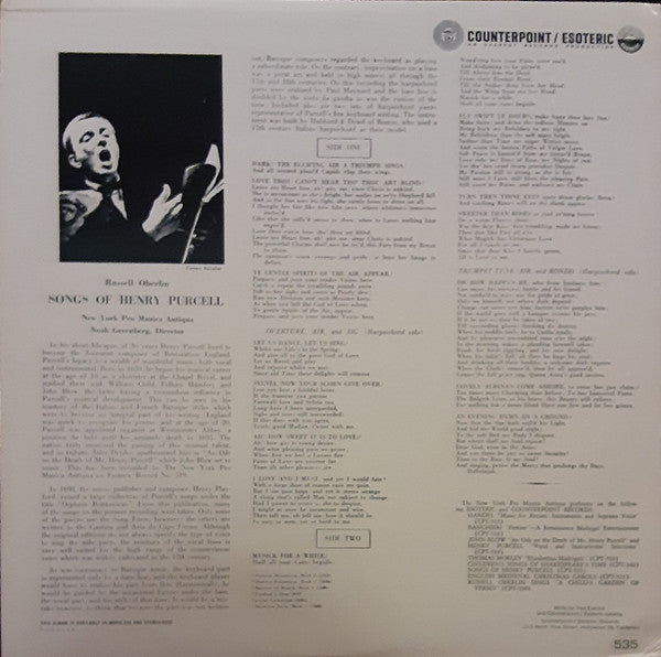 New York Pro Musica, Henry Purcell, Russell Oberlin : Songs Of Henry Purcell (LP, Album, Mono, RE, All)