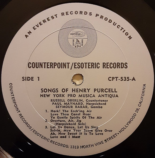 New York Pro Musica, Henry Purcell, Russell Oberlin : Songs Of Henry Purcell (LP, Album, Mono, RE, All)