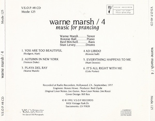 Warne Marsh Quartet : Music For Prancing (CD, Album, RE)