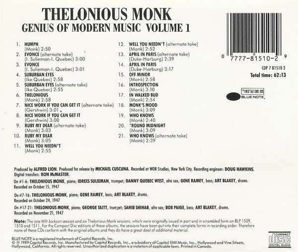 Thelonious Monk : Genius Of Modern Music Volume 1 (CD, Comp, RE)