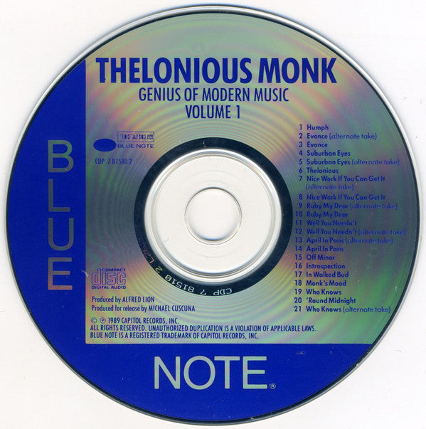 Thelonious Monk : Genius Of Modern Music Volume 1 (CD, Comp, RE)