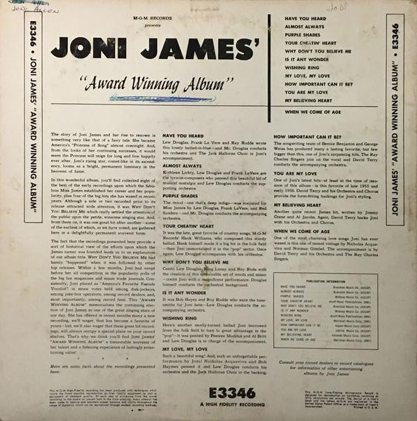 Joni James : Award Winning Album (LP, Album, Comp, Mono)