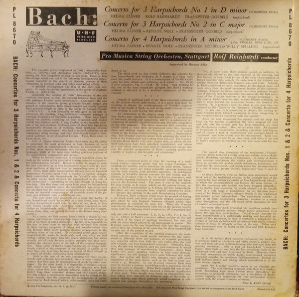 Johann Sebastian Bach - Helma Elsner, Renate Noll, Franzpeter Goebels, Willy Spilling, Pro Musica Orchestra Stuttgart Conductor Rolf Reinhardt : Harpsichord Concerti (LP, Album, Mono, RP)