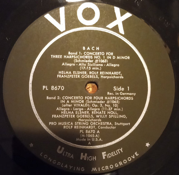 Johann Sebastian Bach - Helma Elsner, Renate Noll, Franzpeter Goebels, Willy Spilling, Pro Musica Orchestra Stuttgart Conductor Rolf Reinhardt : Harpsichord Concerti (LP, Album, Mono, RP)