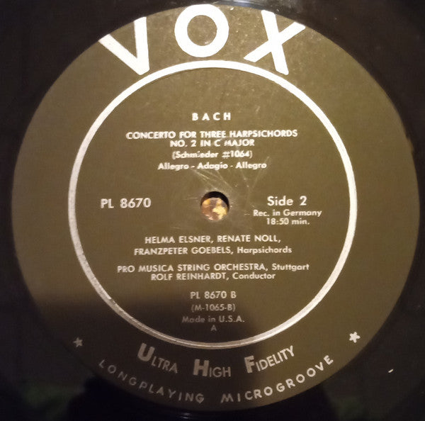 Johann Sebastian Bach - Helma Elsner, Renate Noll, Franzpeter Goebels, Willy Spilling, Pro Musica Orchestra Stuttgart Conductor Rolf Reinhardt : Harpsichord Concerti (LP, Album, Mono, RP)