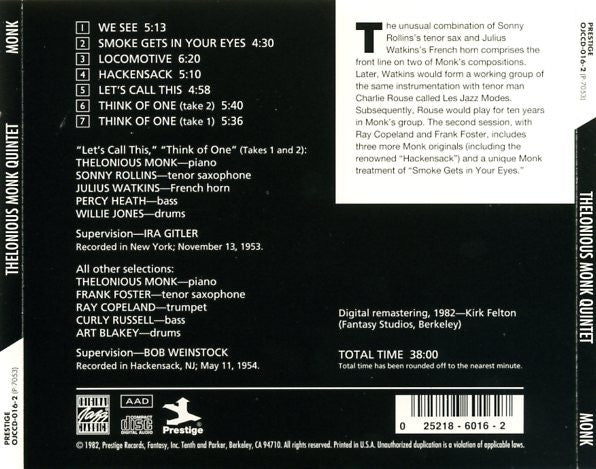 Thelonious Monk With Sonny Rollins And Frank Foster : Monk (CD, Comp, RE, RM)