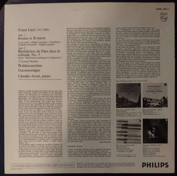 Liszt* - Claudio Arrau : Sonata In B Minor / Bénédiction De Dieu Dans La Solitude / Waldesrauschen / Gnomenreigen (LP)