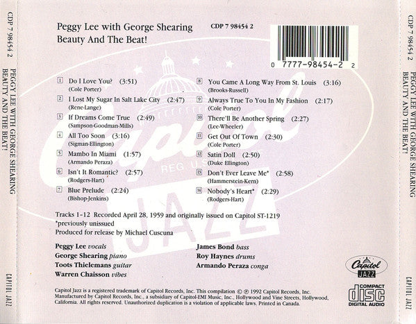 Peggy Lee With George Shearing : Beauty And The Beat! (CD, Album, RE)