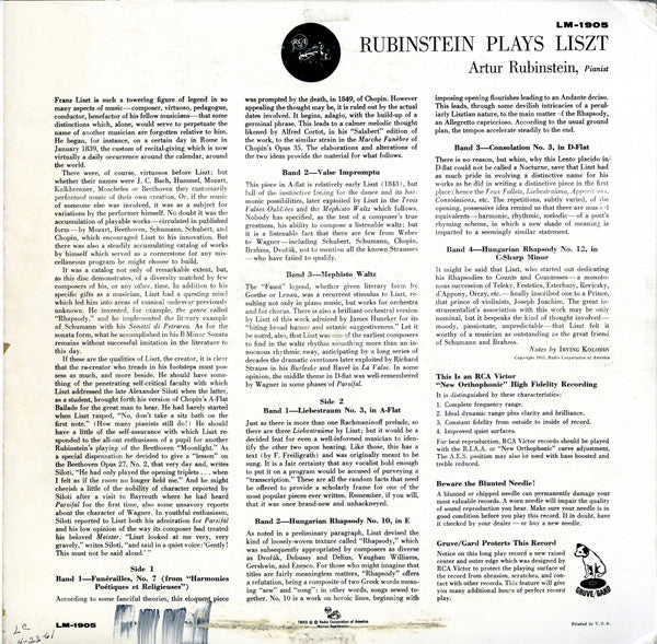Arthur Rubinstein Plays Franz Liszt : Rubinstein Plays Liszt (LP, Mono)