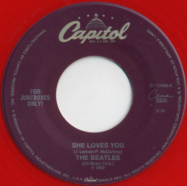 The Beatles : She Loves You (7", Single, Mono, Jukebox, RE, Red)