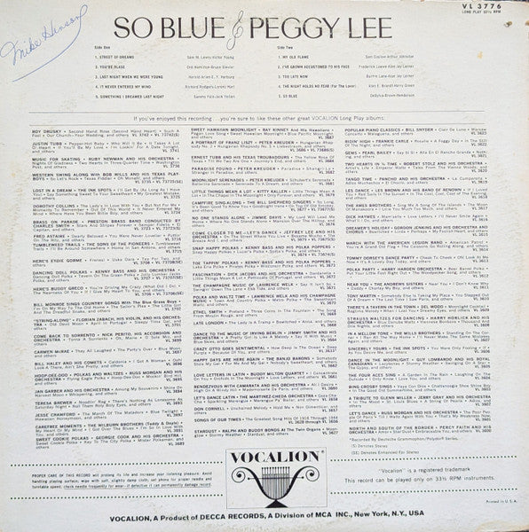 Peggy Lee : So Blue (LP, Album, Mono, Pin)