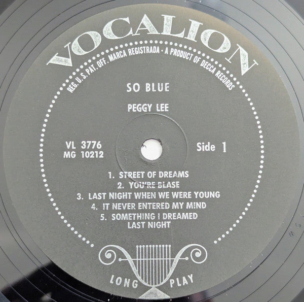 Peggy Lee : So Blue (LP, Album, Mono, Pin)
