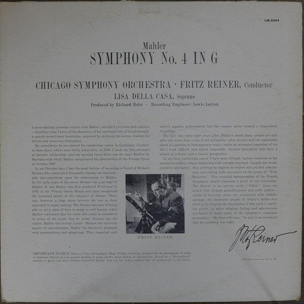 Gustav Mahler – Fritz Reiner / Chicago Symphony Orchestra : Symphony No. 4 (LP, Mono)