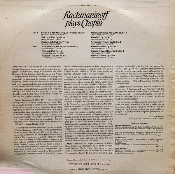 Sergei Vasilyevich Rachmaninoff, Frédéric Chopin : Rachmaninoff Plays Chopin (LP, Comp, Mono)
