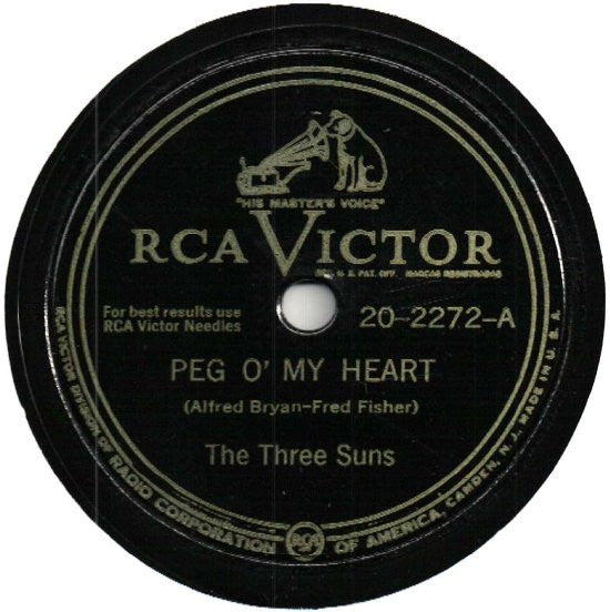 The Three Suns : Peg O' My Heart / Across The Alley From The Alamo (Shellac, 10", Ind)