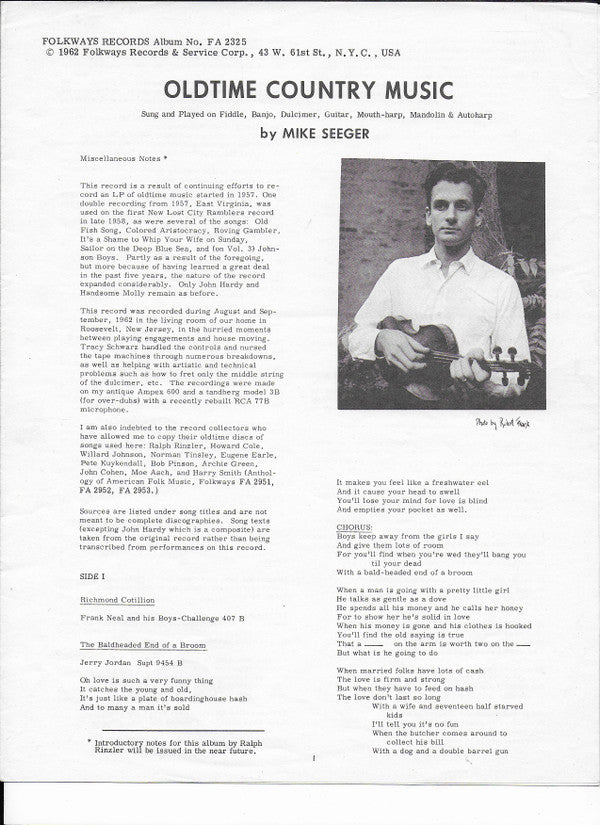 Mike Seeger : Old Time Country Music (LP)