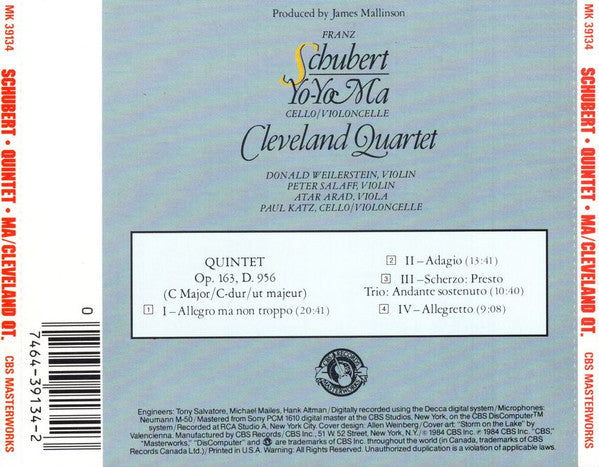 Schubert* - Yo-Yo Ma, Cleveland Quartet* : Quintet, Op. 163, D. 956 (In C Major) (CD, Album)