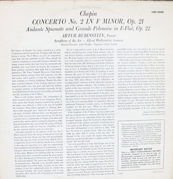 Arthur Rubinstein, Frédéric Chopin, Symphony Of The Air ... Alfred Wallenstein : Concerto No. 2 And Andante Spianato And Grande Polonaise (LP, Album, RE)
