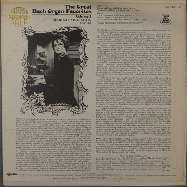 Marie-Claire Alain : The Great Bach Organ Favorites, Vol. 1 (LP)