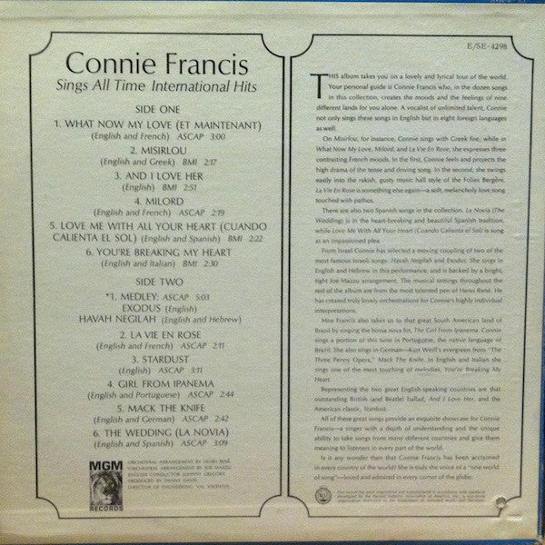 Connie Francis : Sings The All Time International Hits (LP, Album, Mono)