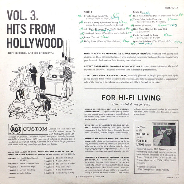 Ronnie Ogden And His Orchestra : Hits From Hollywood - Vol. 3 For Hi-Fi Living (LP, Album)
