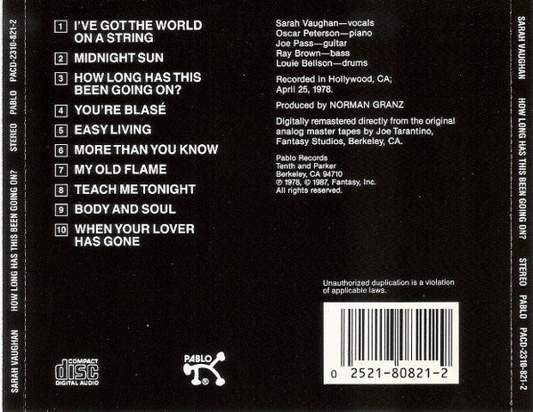 Sarah Vaughan : How Long Has This Been Going On? (CD, Album, RE, RM)