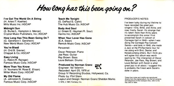 Sarah Vaughan : How Long Has This Been Going On? (CD, Album, RE, RM)