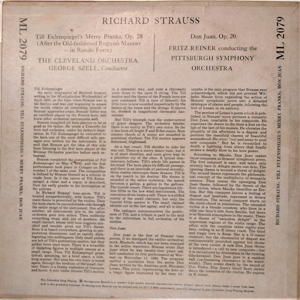 Richard Strauss / The Cleveland Orchestra, George Szell / Fritz Reiner Conducting Pittsburgh Symphony Orchestra : Till Eulenspiegel's Merry Pranks / Don Juan (10", Mono)