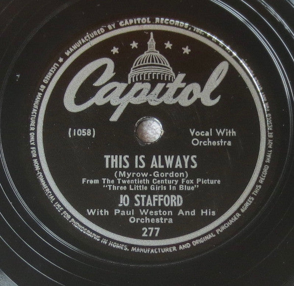 Jo Stafford : I'll Be With You In Apple Blossom Time / This Is Always (Shellac, 10")